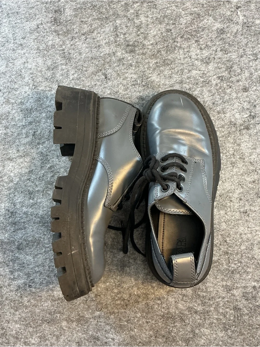 Zara Grey Metallic Chunky 90s Lace-Up Casual Leather Shoes Size 42